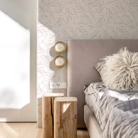 girly bedroom interior with pink botanical wallpaper pattern