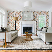 neutral living room interior with african symbol pattern accent wall