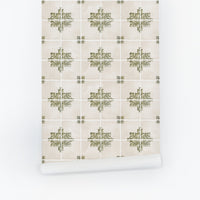 Elegant vintage tile removable wallpaper in olive green and soft beige color