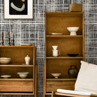 modern contemporary living room space with black and white removable wallpaper
