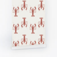 bright red clam inspired wallpaper pattern for coastal interior