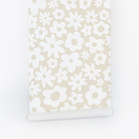 retro flowers pattern wallpaper in light beige for minimal bohemian style interior