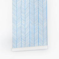 blue herringbone removable wallpaper with tiny chevron striped for nursery interior