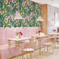 Bright pink tropical removable wallpaper in Palm Springs style living room interior