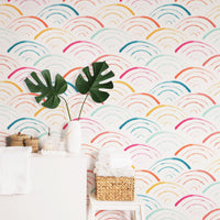 Rainbow scallop removable wallpaper in scandi boho powder room interior