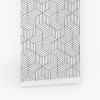 geometric cube pattern wallpaper for kids room in soft grey color