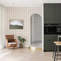 vintage chic kitchen interior with red plaid removable wallpaper