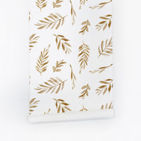 White and gold removable wallpaper for powder room interior design