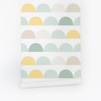 pastel green and yellow half circles pattern wallpaper in peel and stick