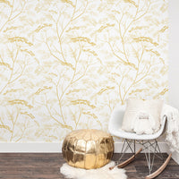 bohemian nursery room wallpaper with yellow meadow print design