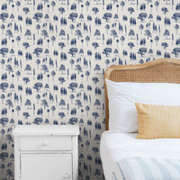 blue forest design removable wallpaper for kids bedroom with rattan bed