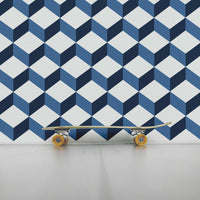 cube pattern wallpaper in navy blue for teen boys bedroom with skateboard