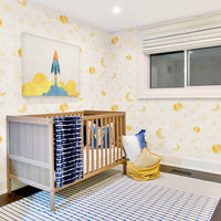 yellow planet print removable wallpaper for little boys room interior