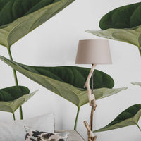 Large vintage botanical wall mural in neutral living room interior