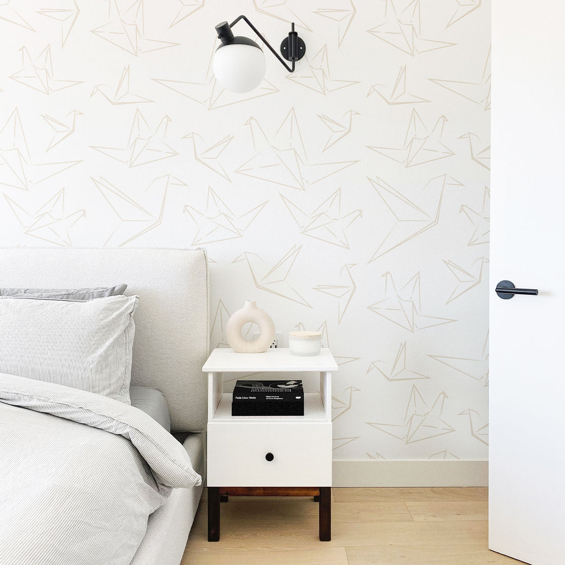 Origami crane design wallpaper in neutral color for minimal modern boys room interior