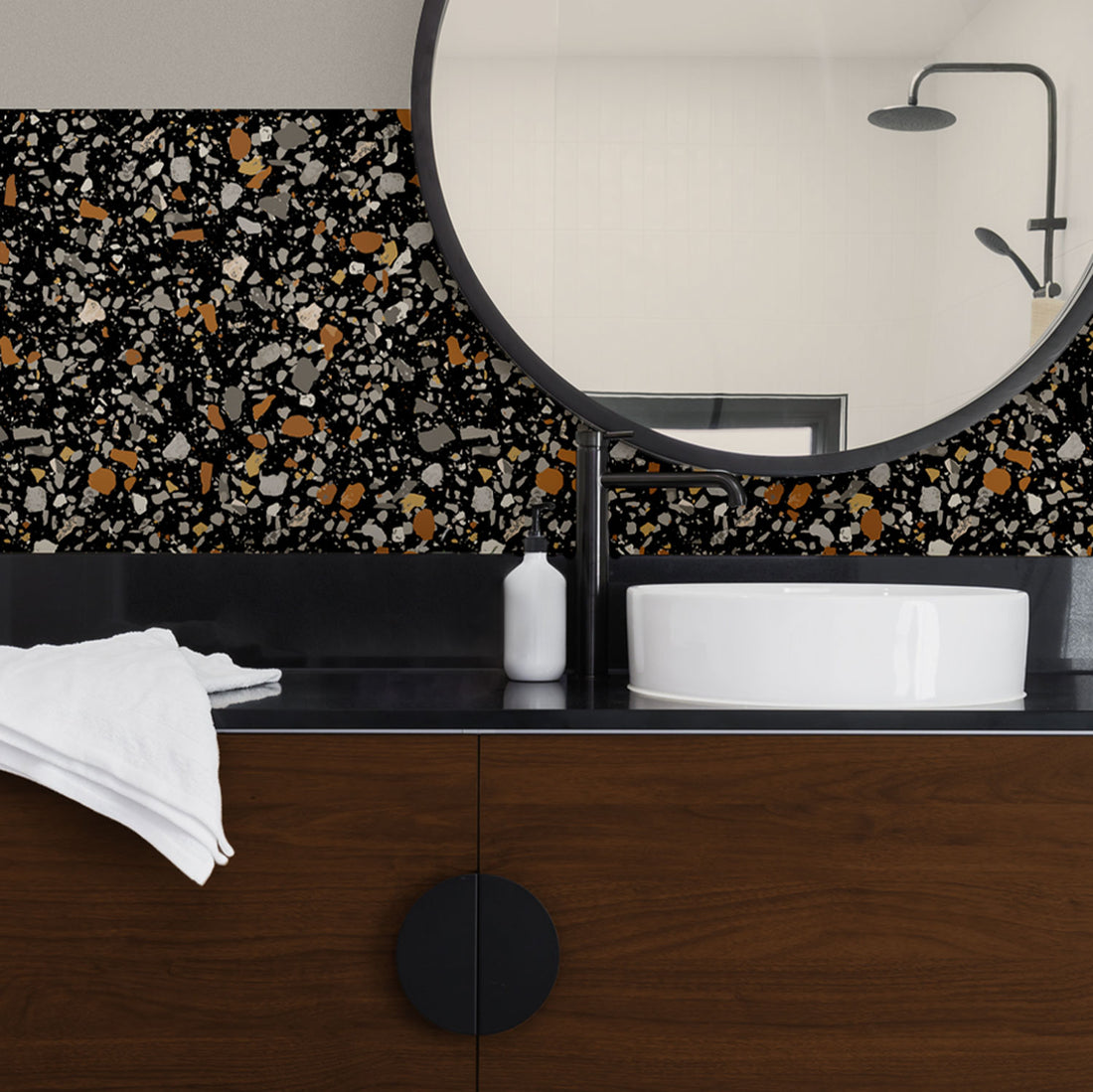 dark and elegant bathroom interior with peel and stick backsplash in stone