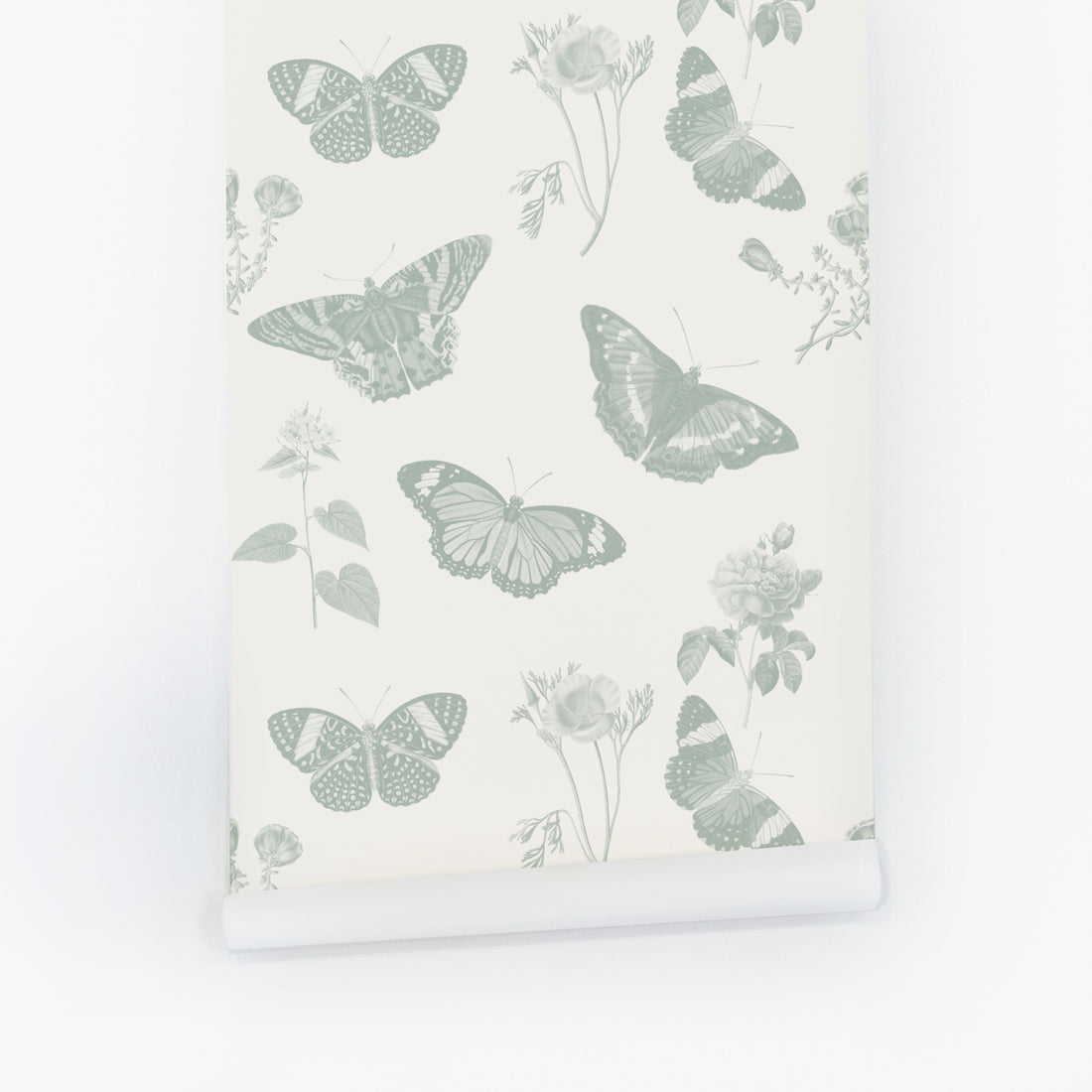 Sage green butterfly meadow wallpaper in vintage style