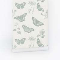 Sage green butterfly meadow wallpaper in vintage style