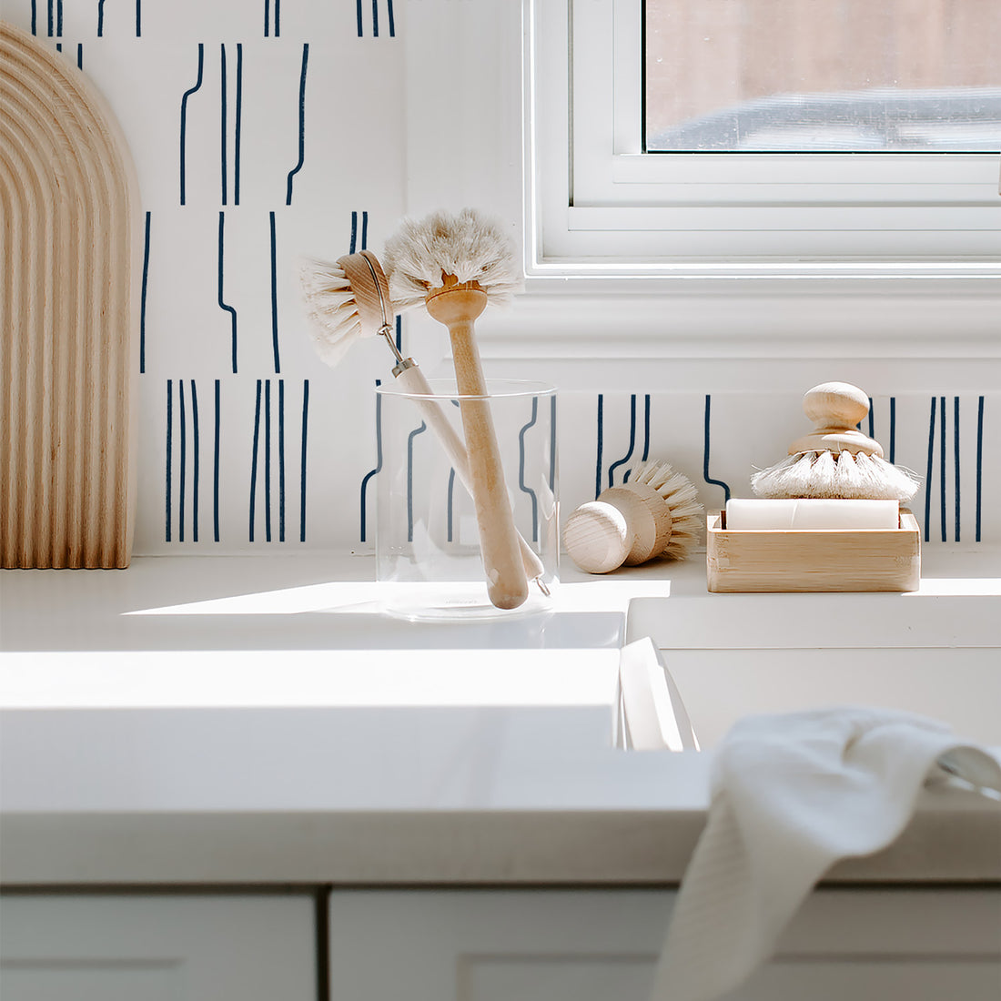 modern kitchen interior with navy simple lines wallpaper