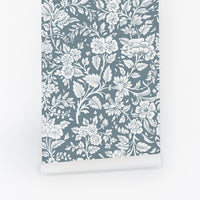 blue retro flowers peel and stick wallpaper
