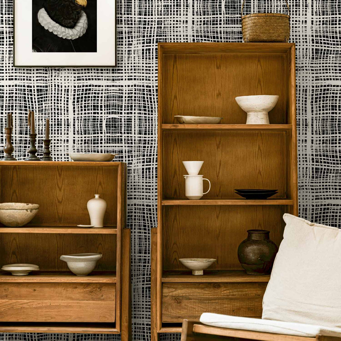 modern contemporary living room space with black and white removable wallpaper