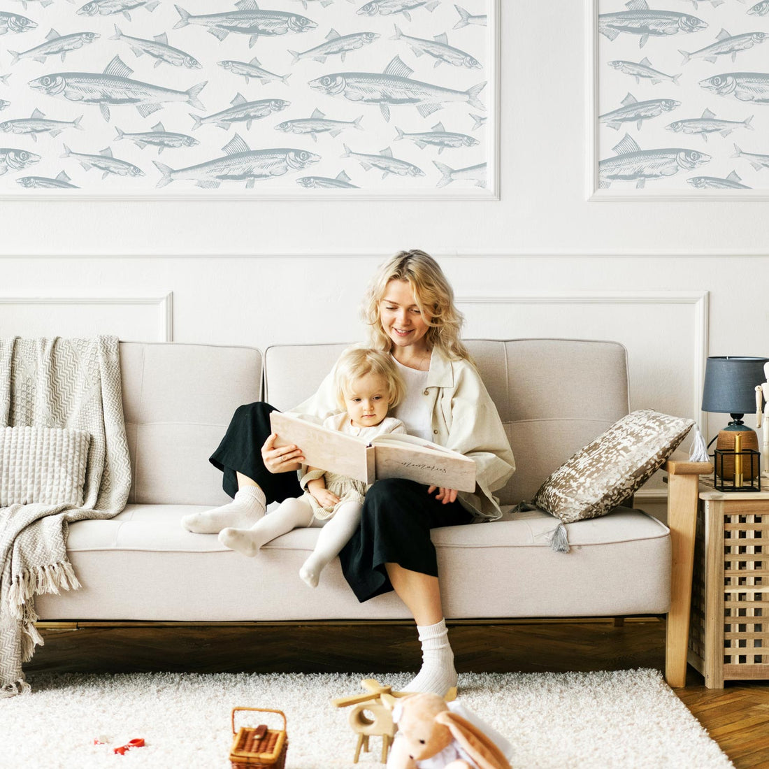 soft blue fish pattern wallpaper for coastal style kids room interior