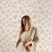 beige daisy print floral wallpaper