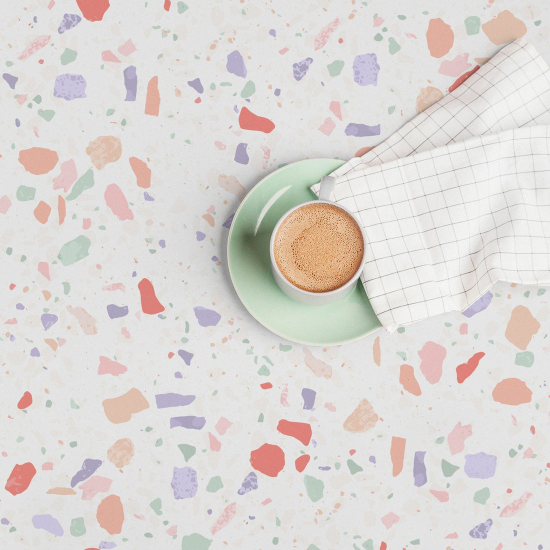 terrazzo inspired wallpaper design in pastel colors for a coffee shop