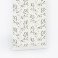 vintage green print removable wallpaper with olive tree pattern