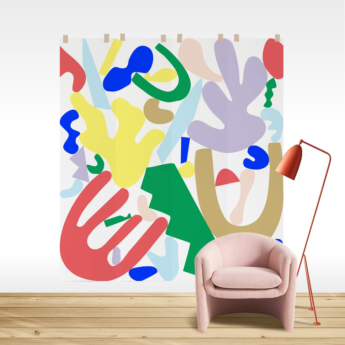 bright geometric shapes wall mural in pastel colors