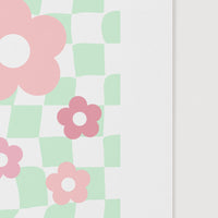 checkered art print design with flowers close up