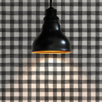black plaid wallpaper in classic farmhouse interior