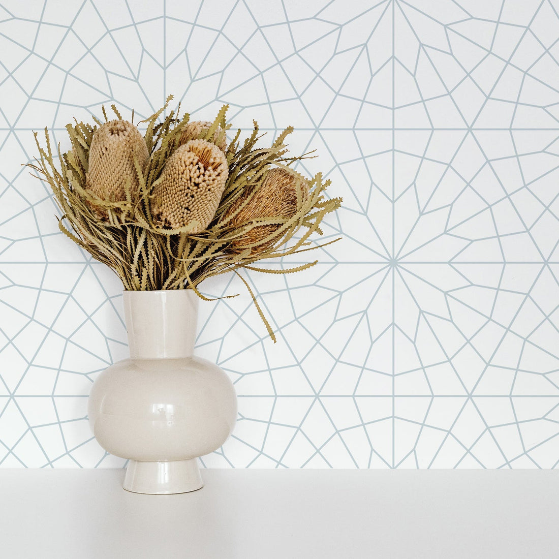 light blue geometric design wallpaper for kitchen interior