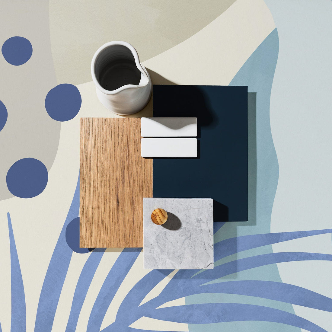 Coastal farmhouse kitchen and dining room mood board with abstract ocean style wall mural