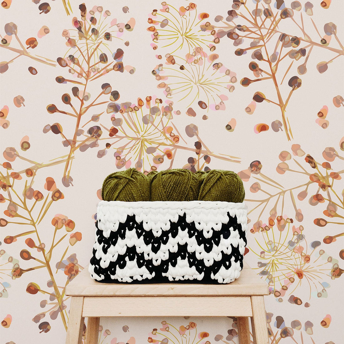 Rustic colored removable wallpaper with floral print in bohemian girl's room design