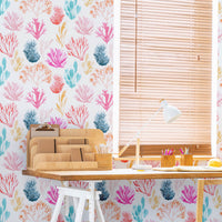 bright coral pattern wallpaper design for coastal kids bedroom design