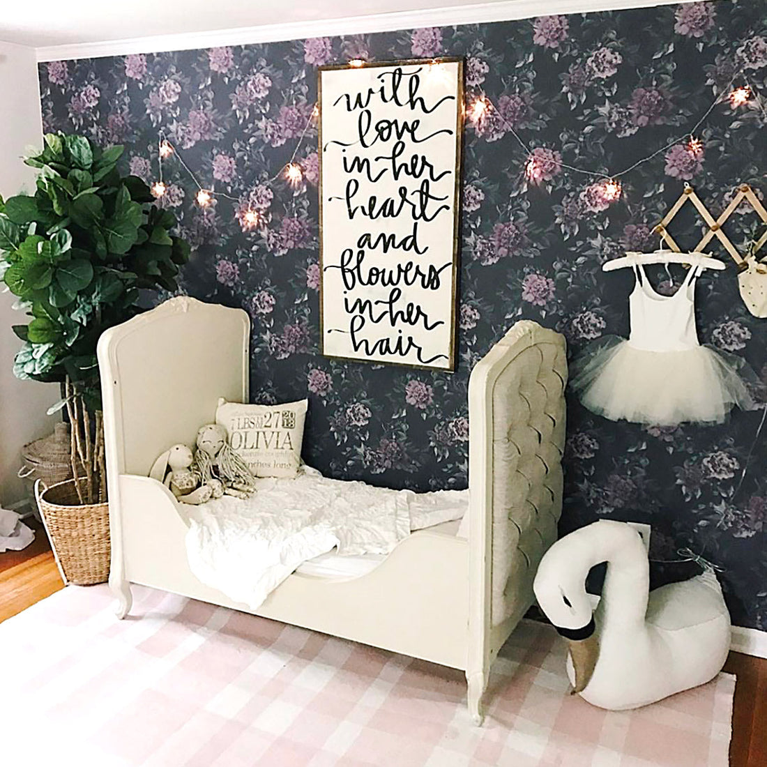 dark floral pattern wallpaper for bohemian girls bedroom with a swan and ballerina theme