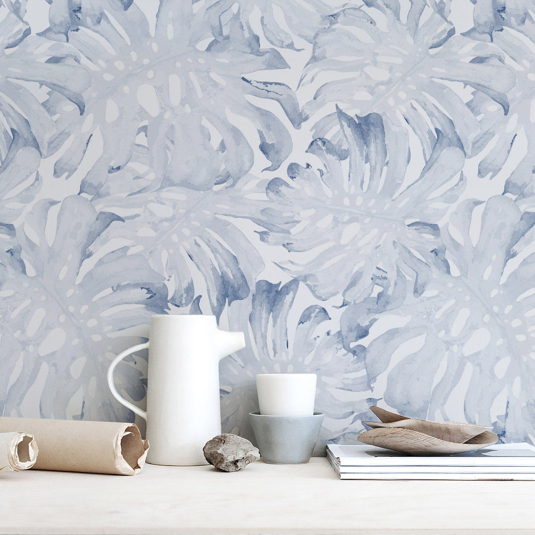 Rustic  beach house kitchen interior with blue palm leaf removable wallpaper