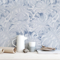 Rustic  beach house kitchen interior with blue palm leaf removable wallpaper