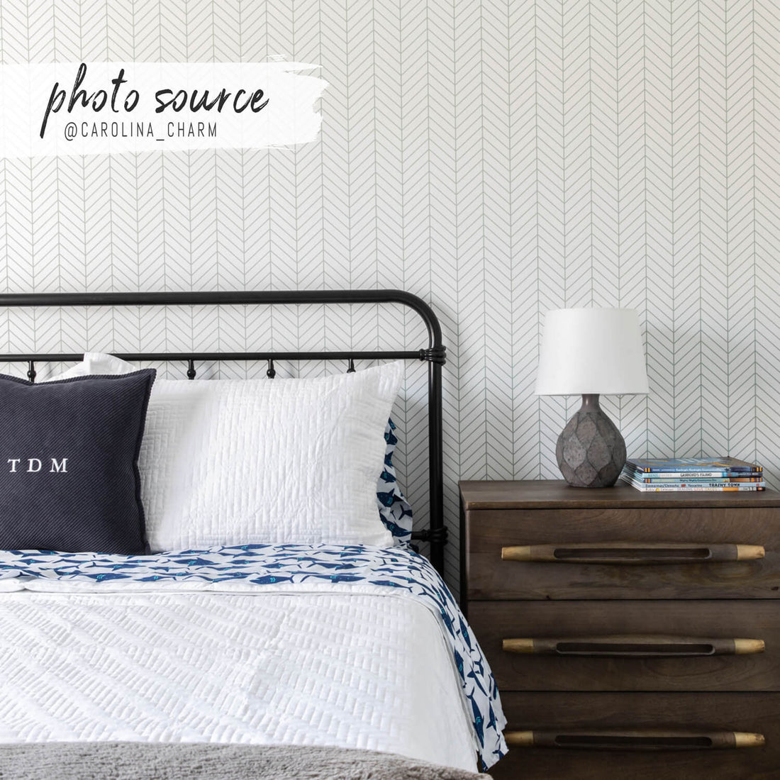 elegant teen bedroom interior with simple chevron pattern wallpaper