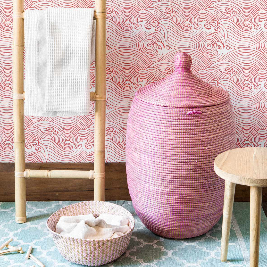 Modern design beach house interior with coastal style waves removable wallpaper in pink color