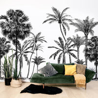 Modern jungle wall mural in  tropical boho living room interior