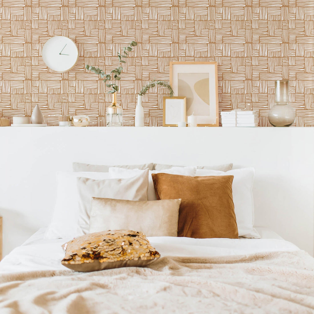 modern bohemian style bedroom interior with plaid pattern wallpaper
