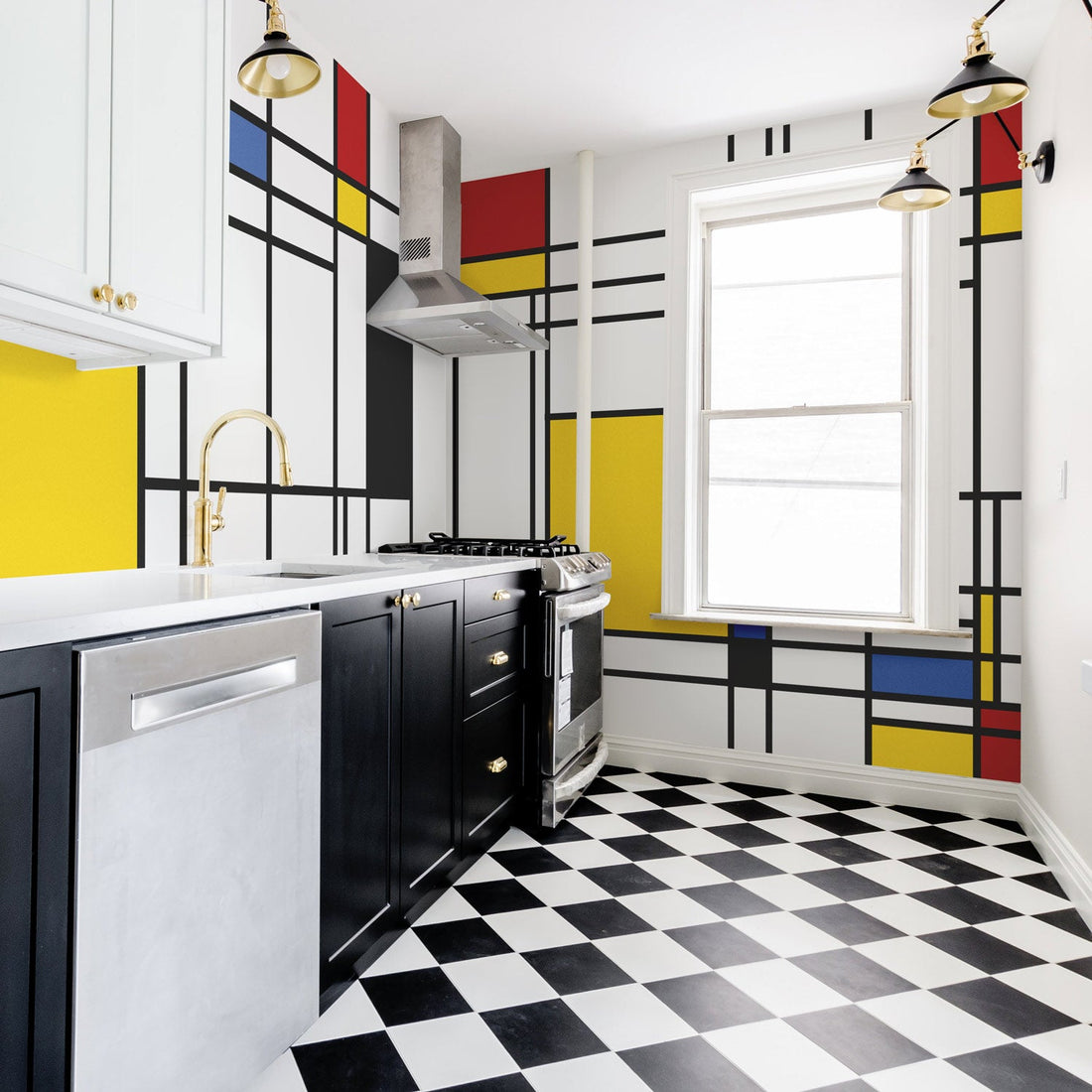 geometric shapes print wall mural for bright kitchen interior
