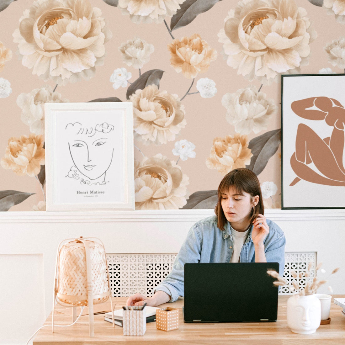 Neutral pink peonies removable wallpaper in boho design home office interior