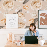 Neutral pink peonies removable wallpaper in boho design home office interior
