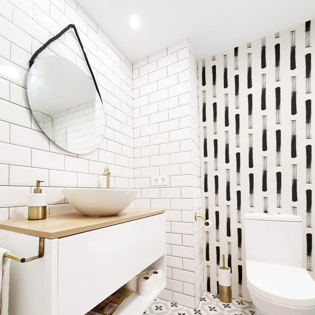 Boho chic powder room interior with brush stroke design wallpaper accent wall