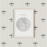 retro style boys room wallpaper with tiny planes in blue