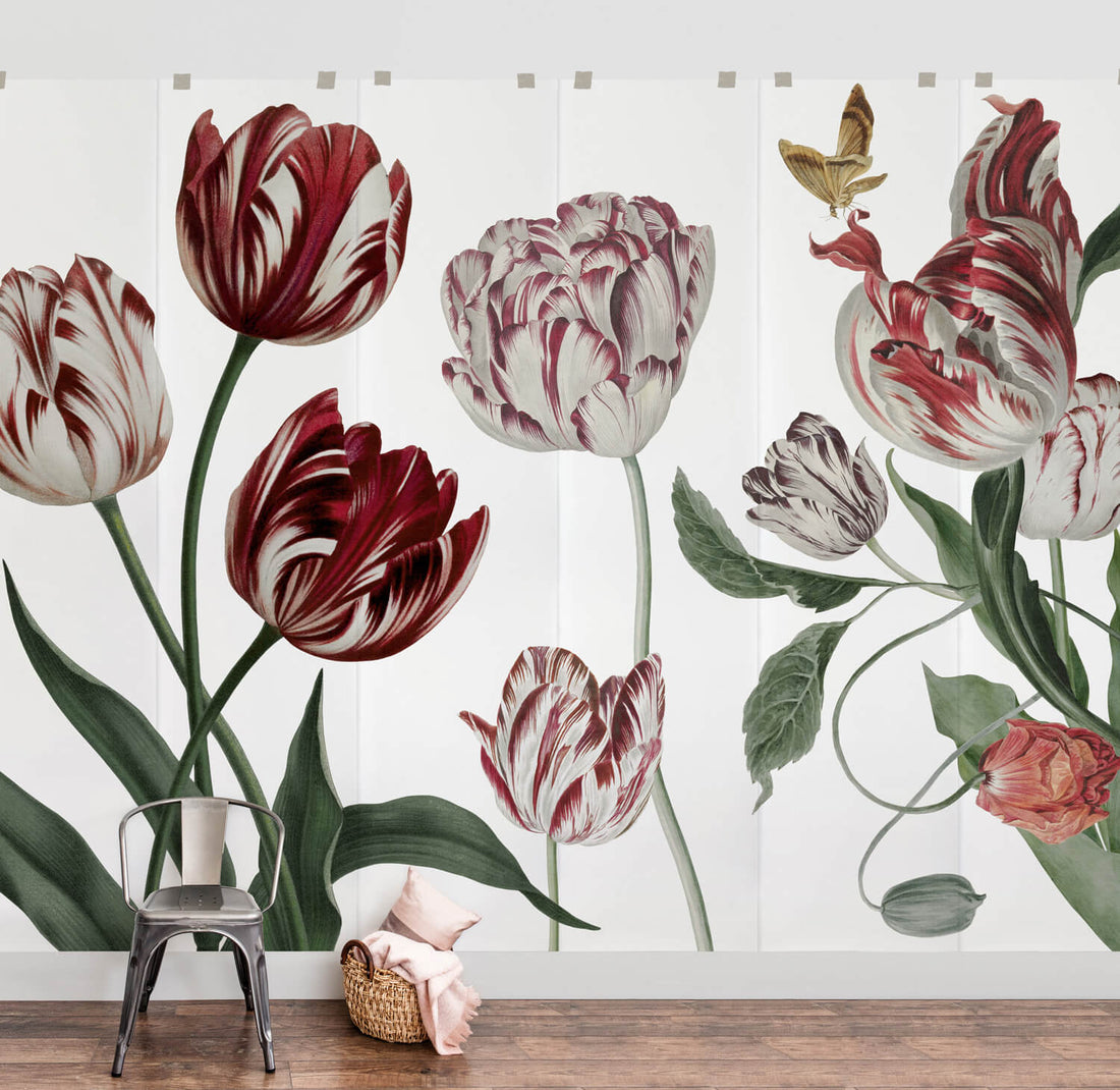 Dutch floral wall mural with antique red tulips in feminine living room interior