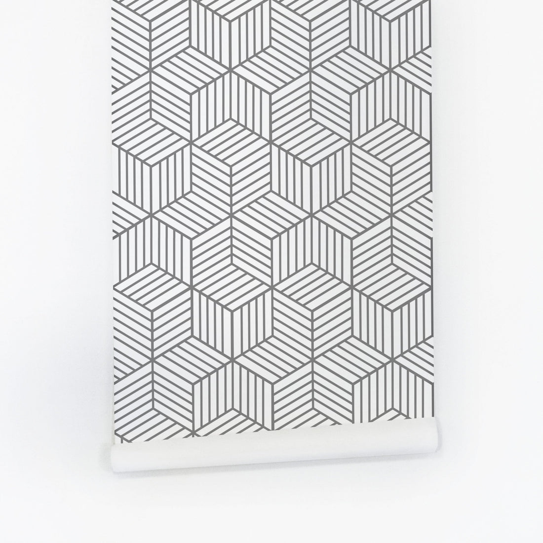 geometric cube pattern wallpaper for kids room in soft grey color